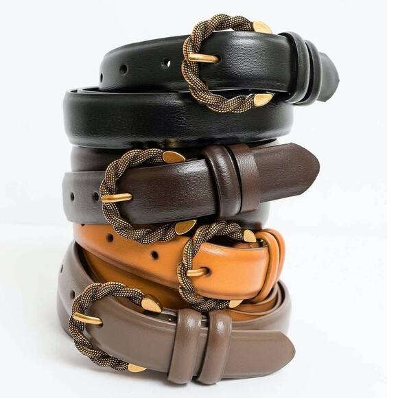 Two Tone Twisted Buckle Classic Leather Belt Brown - Picture 4 of 5